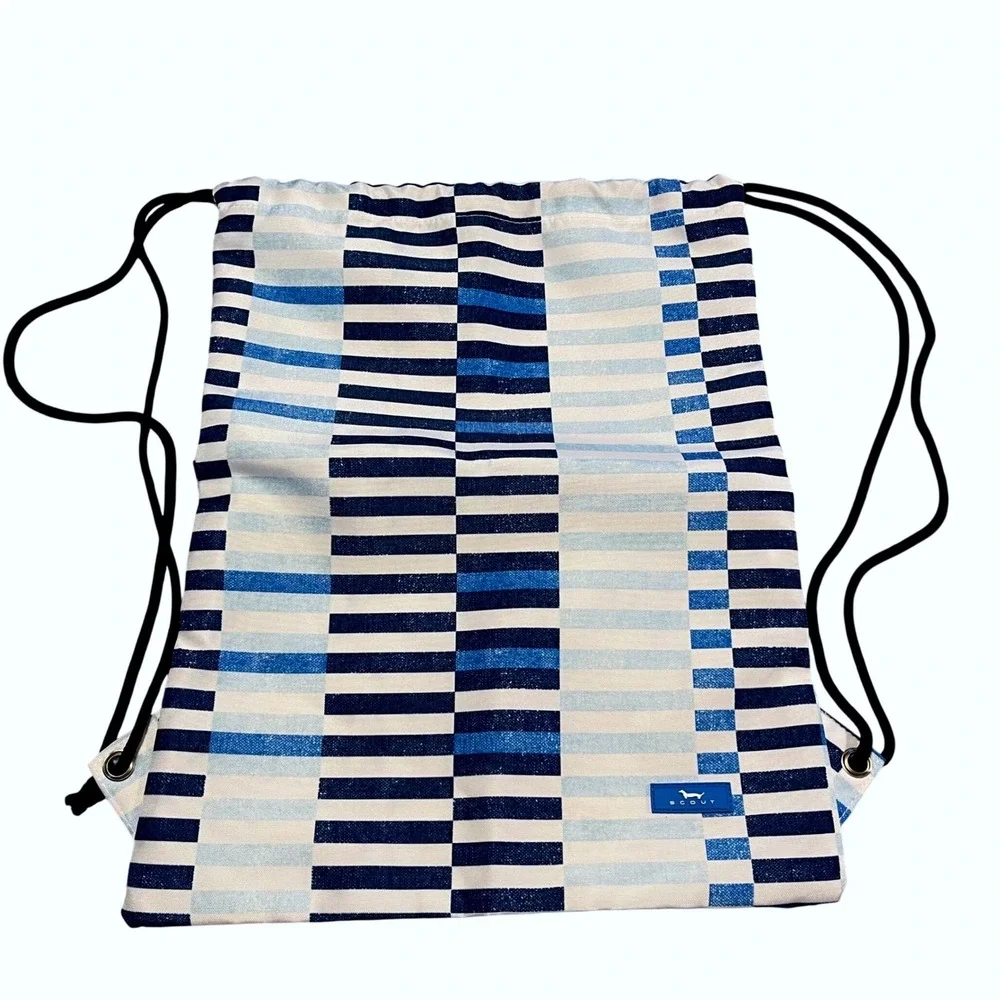 Scout Drawstring Backpack Unisex OS Blue White Geometric Stripe Cinch Bag Pocket